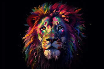 Poster - A majestic lion with vibrant, multicolored paint dripping from its mane, showcasing its regal beauty in a unique and artistic way. Generative AI technology.