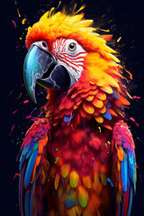 Poster - A lively parrot with feathers dipped in a rainbow of paint drips, reflecting the vibrant and exotic nature of these intelligent and colorful birds. Generative AI technology.