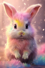 Poster - A charming bunny with fluffy fur covered in delicate pastel paint drips, capturing the innocence and cuteness of these beloved pets. Generative AI technology.