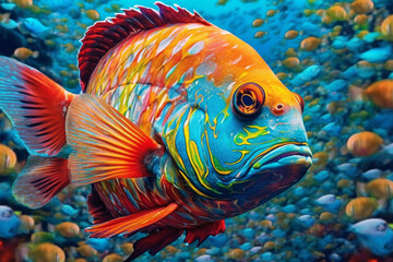 Aufkleber - A lively and colorful tropical fish swimming amidst coral reefs, its scales decorated with vibrant paint drips, symbolizing the beauty and diversity of marine life. Generative AI technology.