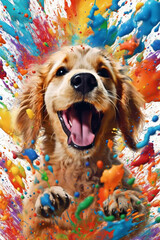 Poster - A playful and energetic puppy with a wagging tail, its fur splattered with drips of bright and lively paint, capturing the joy and exuberance of these beloved pets. Generative AI technology.
