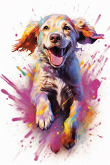 Poster - A playful and energetic puppy with a wagging tail, its fur splattered with drips of bright and lively paint, capturing the joy and exuberance of these beloved pets. Generative AI technology.