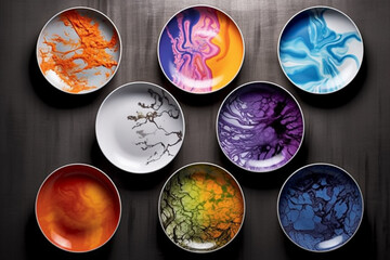 Poster - A series of hand-painted ceramic plates with unique and artistic paint drip patterns, adding a touch of creativity to dining experiences. Generative AI technology.