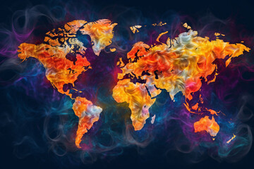 Poster - An abstract world map composed of vibrant, swirling colors, representing the diversity and interconnectedness of global travel destinations. Generative AI technology.