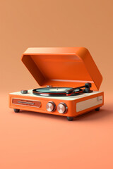 Fototapete - A retro record player in a vibrant shade of orange, complete with a vinyl record spinning on the turntable, capturing the timeless appeal of analog music. Generative AI technology.