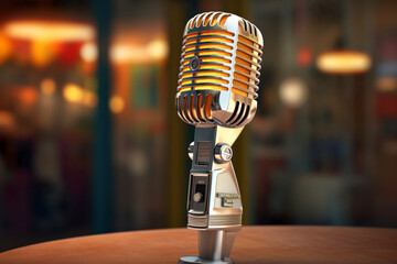 Aufkleber - A vintage radio microphone with a gleaming chrome body, recalling the golden age of broadcasting and live performances. Generative AI technology.