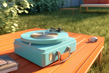 Fototapete - A portable record player in a vibrant shade of blue, designed for outdoor use with built-in speakers and a weather-resistant casing,  Generative AI technology.