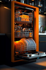 Poster - A compact and efficient dishwasher with multiple wash cycles and adjustable racks, designed to fit seamlessly into any kitchen layout. Generative AI technology.