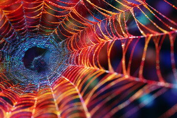 Poster - A close-up of a spider's web, capturing the intricate spiral pattern and the intricate threads.  Generative AI technology.