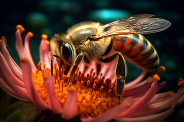 Poster - The details of a honeybee collecting nectar from a flower, showcasing its fuzzy body and delicate proboscis.  Generative AI technology.