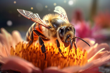 Aufkleber - The details of a honeybee collecting nectar from a flower, showcasing its fuzzy body and delicate proboscis.  Generative AI technology.