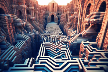 Leinwandbilder - A labyrinthine pattern of interlocking paths and corridors, representing a journey or exploration. Generative AI technology.