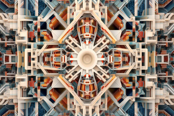 Poster - A symmetrical pattern of interlocking architectural elements, creating an illusion of depth and dimension. Generative AI technology.