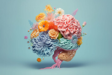 Poster - A pastel-colored brain with delicate floral patterns and blooming flowers, symbolizing growth and inspiration. Generative AI technology.