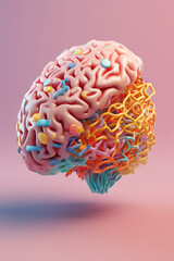 Poster - A pastel-colored brain with geometric patterns and intersecting lines, evoking a sense of order and structure.  Generative AI technology.