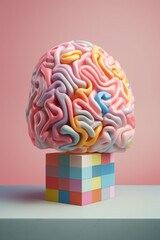 Poster - A pastel-colored brain with geometric patterns and intersecting lines, evoking a sense of order and structure.  Generative AI technology.