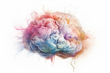 Poster - A pastel brain with ethereal watercolor splatters and brushstrokes, creating a sense of movement and energy.  Generative AI technology.