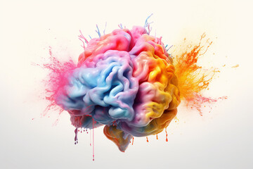 Poster - A pastel brain with ethereal watercolor splatters and brushstrokes, creating a sense of movement and energy.  Generative AI technology.