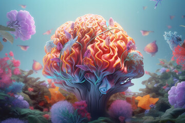 Poster - A pastel brain surrounded by blooming flowers and lush foliage, representing the blossoming of ideas and knowledge. Generative AI technology.
