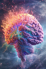 Poster - A pastel brain with swirling galaxies and cosmic elements, symbolizing the boundless nature of human consciousness. Generative AI technology.