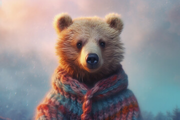 Poster - A pastel bear with a peaceful expression and a cozy sweater, its pastel tones enhancing its warmth and gentle nature. Generative AI technology.