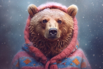 Poster - A pastel bear with a peaceful expression and a cozy sweater, its pastel tones enhancing its warmth and gentle nature. Generative AI technology.