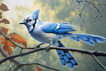 Poster - A pastel Blue Jay perched on a branch, its feathers adorned with subtle pastel shades and intricate details, radiating a sense of delicacy and freedom.  Generative AI technology.