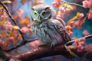 Poster - A pastel Owl perched on a branch, its feathers adorned with subtle pastel shades and intricate details, radiating a sense of delicacy and freedom. Generative AI technology.