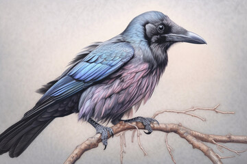 Poster - A pastel Raven perched on a branch, its feathers adorned with subtle pastel shades and intricate details, radiating a sense of delicacy and freedom. Generative AI technology.