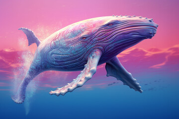 Poster - A pastel-colored Whale with a majestic mane, rendered in soft hues of pink, purple, and blue, exuding a serene and regal presence. Generative AI technology.