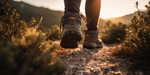 man hiking up a mountain trail with a close-up of his leather hiking boots. the hiker shown in motio