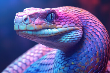 Poster - A pastel-colored Snake with a majestic mane, rendered in soft hues of pink, purple, and blue, exuding a serene and regal presence. Generative AI technology.