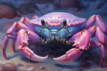 Poster - A pastel-colored Crab with a majestic mane, rendered in soft hues of pink, purple, and blue, exuding a serene and regal presence. Generative AI technology.