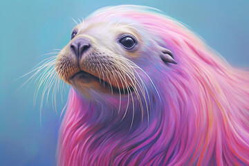 Poster - A pastel-colored Seal with a majestic mane, rendered in soft hues of pink, purple, and blue, exuding a serene and regal presence. Generative AI technology.