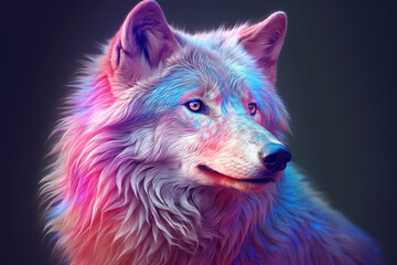 Poster - A pastel-colored Wolf with a majestic mane, rendered in soft hues of pink, purple, and blue, exuding a serene and regal presence. Generative AI technology.