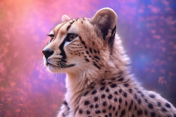 Fototapete - A pastel-colored Cheetah with a majestic mane, rendered in soft hues of pink, purple, and blue, exuding a serene and regal presence. Generative AI technology.