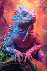 Poster - A pastel-colored Iguana with a majestic mane, rendered in soft hues of pink, purple, and blue, exuding a serene and regal presence. Generative AI technology.