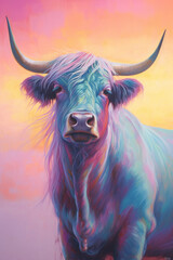 Aufkleber - A pastel-colored Cow with a majestic mane, rendered in soft hues of pink, purple, and blue, exuding a serene and regal presence. Generative AI technology.