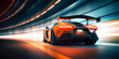 Speeding Through the Light: Futuristic Sport non-existent concept racing car at high speed riding in illuminated road tunnel. Generative AI