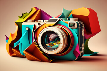 Aufkleber - An abstract camera capturing the essence of a destination through a burst of colorful shapes and lines, representing the art of travel photography. Generative AI technology.