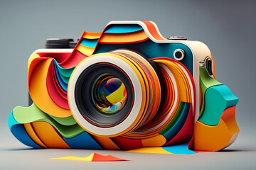 Aufkleber - An abstract camera capturing the essence of a destination through a burst of colorful shapes and lines, representing the art of travel photography. Generative AI technology.