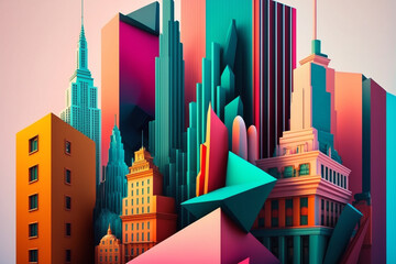 Poster - A series of abstract cityscapes featuring iconic buildings and landmarks, depicted with geometric shapes and vivid colors, showcasing the vibrancy of urban tourism. Generative AI technology.