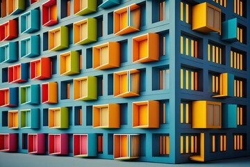 Poster - A series of abstract hotel facades, each rendered in unique patterns and vivid colors, symbolizing the hospitality and comfort of accommodation in tourism.  Generative AI technology.