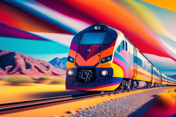 Poster - An abstract train traveling through a vibrant landscape, depicted with dynamic lines and bold colors, capturing the excitement of rail tourism. Generative AI technology.