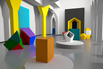 Poster - An abstract museum interior with geometric shapes and vibrant colors, evoking a sense of cultural immersion and heritage tourism.  Generative AI technology.