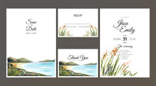 Wedding Invitation Suite With Watercolor Romantic Beach And Mountains Landscape