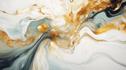 Marble texture background in white blue and gold, splashing liquid, mixing paint color, luxury design, eleglant pattern backdrop, swirl abstract background. Generative AI