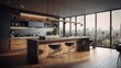 © Georgii - Modern kitchen with breakfast bar in an urban luxury apartment. Wooden floors, wooden facades, bar counter with bar stools, floor-to-ceiling windows overlooking the city. 3d rendering. Generative AI