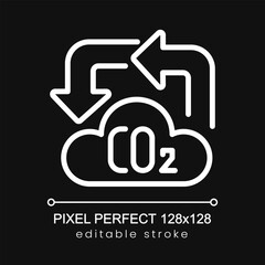 Wall Mural - Carbon cycle pixel perfect white linear icon for dark theme. Reduce pollution. Isolated vector illustration. Thin line illustration. Isolated symbol for night mode. Editable stroke. Poppins font used