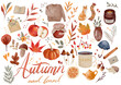 Autumn season pgn seamless pattern wallpaper mood board doodles endless Watercolor hand drawn pack isolated fall cozy vibes icons set elements, leaves pumpkin, sweater apple house decoration, stickers